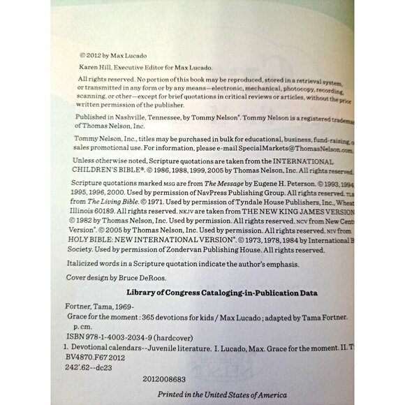 Max Lucado Grace for the Moment : 365 Devotions for Kids 2012 Hardcover FLAW - Picture 4 of 5